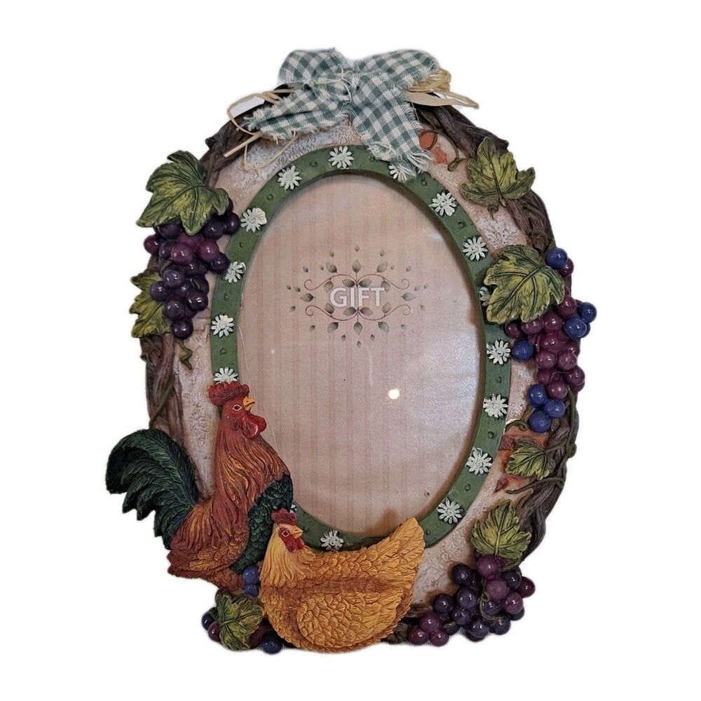 Rustic Country Resin Oval Picture Frame with Rooster Chicken Grapes Gingham Bow